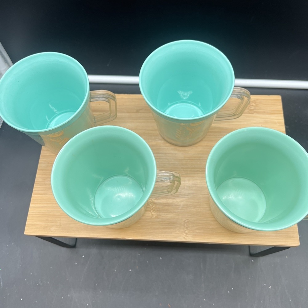 Set Of 4 Vintage Burrite Double Walled Insulated Teal Mugs gold leaf 10 oz - Picture 4 of 9